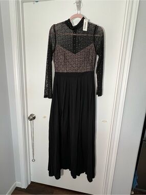Black Long Sleeve Mesh Maxi Dress with Embellished Bodice